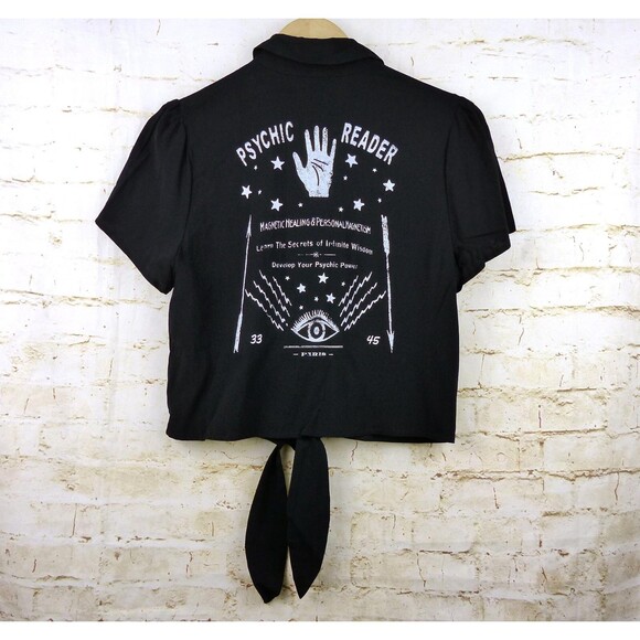Hot Topic Shirt Women M Black Psychic Reader Tie Front Button Goth Witch Moon - Picture 8 of 13